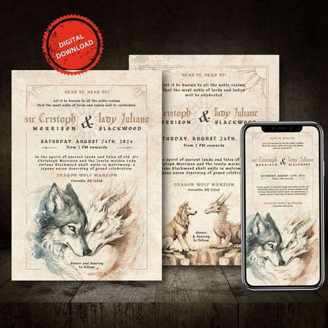 Editable Dragon and Wolf Love Wedding Invitation Template | Vintage Wedding Invitation | Medieval Knight and Maiden Wedding Instant download Knight And Maiden, Electronic Wedding Invitations, Bridesmaid Dress Inspiration, Wolf Love, Copy Print, Medieval Knight, Vintage Wedding Invitations, Photoshop Effects, Printable Wedding Invitations