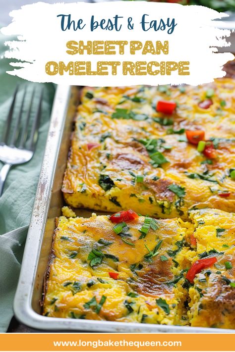 Whip up a Sheet Pan Omelet for a hassle-free, nutritious breakfast! This easy recipe combines fluffy eggs, crispy bacon, vibrant veggies, and melty cheese on one pan, making your morning meals a breeze. Ideal for meal prep or feeding a crowd, it's a delicious way to start the day. With minimal prep and easy cleanup, you'll have more time to enjoy with your loved ones. Ready in just 30 minutes, it's perfect for busy mornings. Pin this recipe now and make your breakfasts effortlessly delicious! Sheet Pan Egg Meal Prep, Easy Sheet Pan Breakfast, Omelet For A Crowd, Egg Pan Recipes, Eggs In A Pan, Sheet Pan Frittata Recipes, Oven Omlet Recipes, Sheet Pan Egg Bake, Sheet Pan Frittata