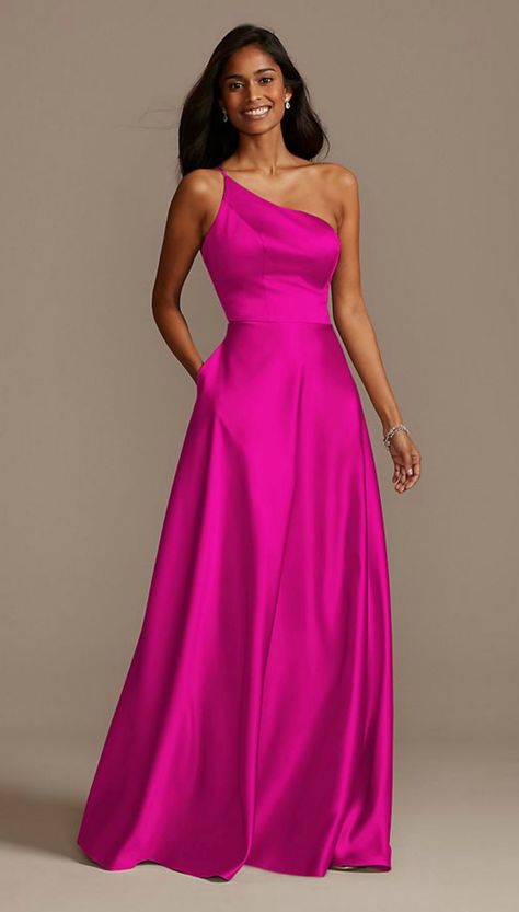 Hot Pink Bridesmaid Dresses, Asymmetrical Bridesmaid Dress, Hot Pink Bridesmaids, A Line Long Dress, Hot Pink Weddings, Net Skirt, Rose Fushia, Maxi Dress Wedding Guest, Bridesmaid Dressing Gowns