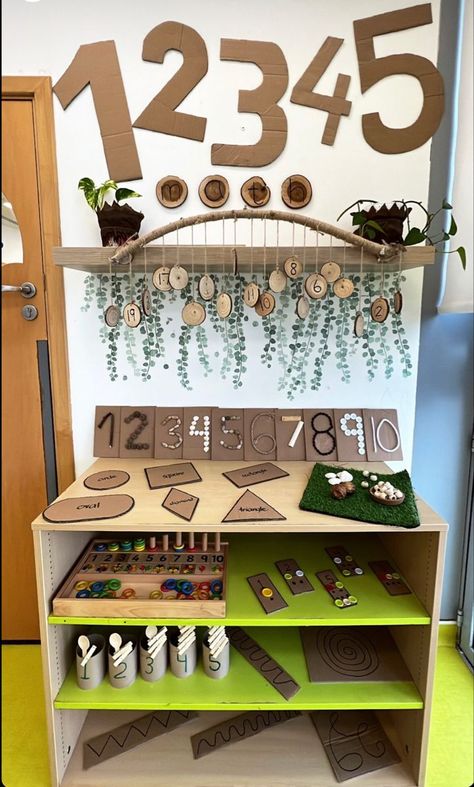 Numeracy Area Eyfs, Math Area Preschool Classroom, Reggio Maths Area, Eyfs Literacy Area, Math Area Preschool, Regio Classroom Decor, Preschool Maths Area, Reggio Bulletin Boards, Maths Display Eyfs