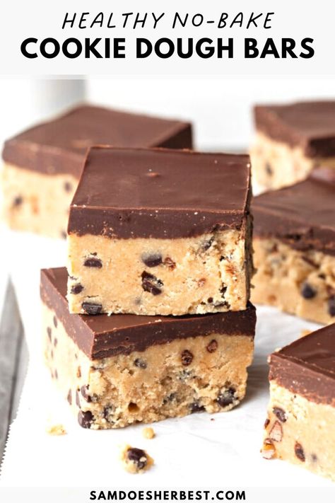 Seriously delicious healthy no-bake cookie dough bars! These bars are vegan, gluten-free, dairy-free, and refined sugar-free. Enjoy as a guilt-free dessert or sweet snack! Cookie Dough Bars Recipe, Healthy No Bake Cookies, No Sugar Desserts, Bars Healthy, Healthy Cookie Dough, Cookie Dough Bars, Healthy Sweet Treats, Gf Desserts, No Bake Bars