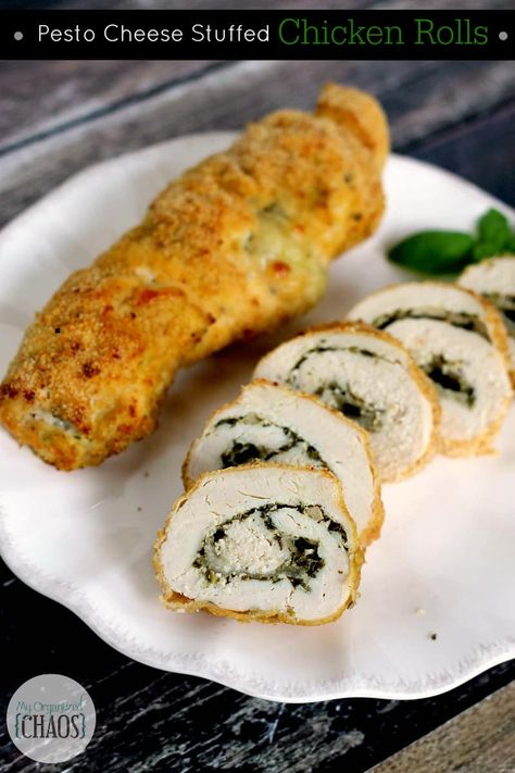 Pesto Cheese Stuffed Chicken Rolls with mozzarella and a delicious nut-free pesto. This recipe for chicken breasts is one you just have to try! #stuffedchicken #pesto #chickenrecipe Pesto Stuffed Chicken Breast, Stuffed Chicken Rolls, Pesto Stuffed Chicken, Stuffed Chicken Breast Recipes, Traditional Stuffing Recipe, Pesto Chicken Breast, Rolled Chicken Breast, Rolled Chicken Recipes, Nut Free Pesto