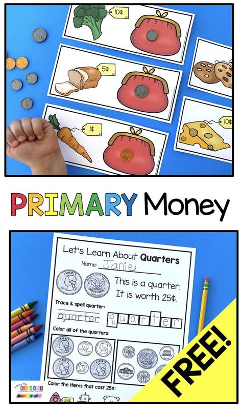 Learning about coins and dollars is so fun with this primary money unit - I created sing along songs with slides - games - worksheets and ideas to teach each coin and dollar. Students love the shopping math center and differentiated versions are included so pre-k - kindergarten and first grade students can be successful - try FREE activities to teach about quarters #firstgrademath #kindergartenmath Teaching Money Kindergarten Free Printable, Coins Kindergarten, Counting Money Activities, Teaching Coins, Math For Kindergarten, Money Kindergarten, Kindergarten Math Lesson Plans, Money Math Worksheets, Learning Money