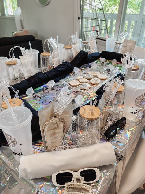 Glitz And Glam Bachelorette Party Vegas, Bedazzled Bachelorette Party, Bridal Goodie Bag Ideas, Silver And White Bachelorette Party, Bachelorette Party Glam, Bachelorette Party Themes Glitz And Glam, Glamorous Bachelorette Party, Glitz And Glam Bach, Bachelorette Gift Bags Favors