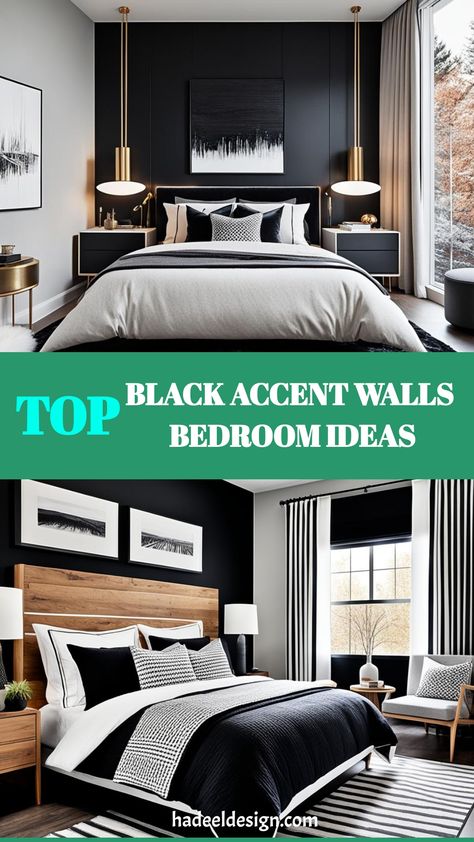 Transform your bedroom into a sophisticated retreat with black accent walls that exude style and elegance. Whether you prefer modern minimalism or classic chic, black accent walls offer a dramatic backdrop that elevates any decor. Imagine a sleek, matte black wall highlighting your statement headboard, or a glossy finish that reflects ambient lighting, creating a cozy yet luxurious atmosphere. Pair with crisp white linens for a striking contrast, or incorporate rich textures and metallic accents Black Accent Wall Bedroom Ideas, Accent Wall Bedroom Ideas, Black Accent Wall Bedroom, Accent Walls Bedroom, Wall Bedroom Ideas, Statement Headboard, Black Accent Wall, Black Walls Bedroom, Bold Bedroom