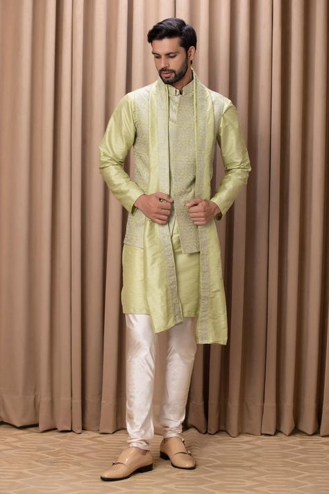 Green Cotton Silk Faizan Embroidered Bundi Kurta Set for Men Nehru Jacket For Men, Sleeveless Kurta, Nehru Jacket, Couture Outfits, Nehru Jackets, Mens Luxury Fashion, Embroidered Neckline, Intricate Embroidery, Churidar