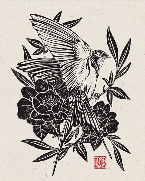 Lino Art, Linocut Art, Tattoo Portfolio, Bird Artwork, Creative Tattoos, Lino Print, Linocut Prints, Flower Tattoos, Cute Tattoos