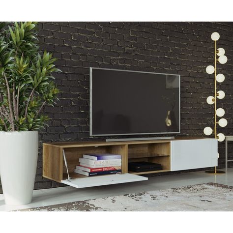 Orren Ellis Pothos Floating TV Stand for TVs up to 88" & Reviews | Wayfair Built In Tv Console, Built In Tv, Long Tv Stand, Glass Tv Stand, Grey Tv Stand, Floating Tv Stand, Floating Tv, Cool Tv Stands, Tv Size