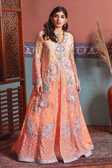 (Wedding Wear) (Peach) (Shamaeel Ansari) Zardozi Work, Stitch Work, Hand Stitch, Silver Lace, Net Fabric, 3d Flowers, Wedding Wear, Coral Pink, Indian Outfits