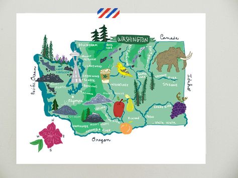 Washington illustrated map- 10x8. $20.00, via Etsy. Washington State Outline, Whimsical Map, Washington Map, Illustrated Maps, Flour Sack Tea Towels, Usa States, Kitchen Dish Towel, Illustrated Map, State Map