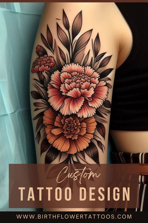 🌸✨Carnation and Marigold Flower Tattoo | January & October Birth Flower Neo-Traditional Design✨🌹 Neo Traditional Carnation Tattoo, Carnation And Marigold Tattoo, Bold Flower Tattoo, Marigold Flower Tattoo, October Birth Flower Tattoo, Marigold Tattoo, October Birth Flower, Carnation Tattoo, October Birth Flowers