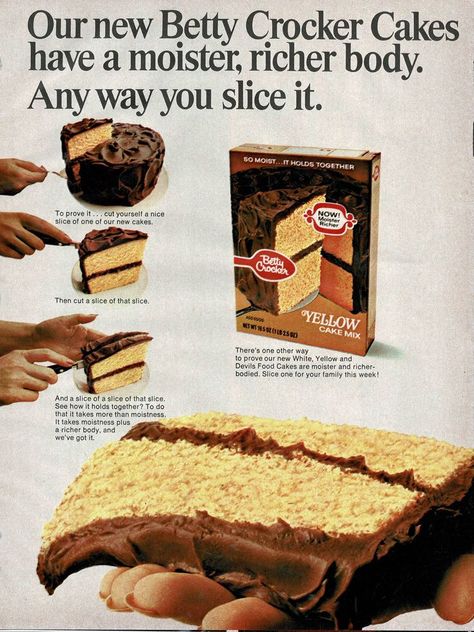 Betty Crocker Cake, Devils Food Cake, Food Ads, New Cake, Yellow Cake Mixes, Betty Crocker, Food Poster, Retro Recipes, Classic Food