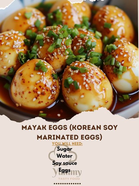 🥚 "Mayak Eggs (Korean Soy Marinated Eggs)—flavorful, savory eggs marinated in a rich soy sauce blend. Perfectly addictive! 🥚🇰🇷 #KoreanCuisine #SoyMarinatedEggs" Mayak Eggs (Korean Soy Marinated Eggs) Ingredients: Eggs (6) Soy sauce (1/2 cup) Water (1/2 cup) Sugar (2 tbsp) Garlic (3 cloves, minced) Ginger (1 inch, minced) Green onions (2 tbsp, chopped) Sesame seeds (1 tbsp) Instructions: Boil eggs for 7 minutes, then cool and peel. Mix soy sauce, water, sugar, garlic, and ginger in a bowl.... Eggs Marinated, Mayak Eggs, Marinated Eggs, Korean Egg, Soy Sauce Eggs, Boil Eggs, Perfect Dinner Party, Garlic And Ginger, French Toast Recipe