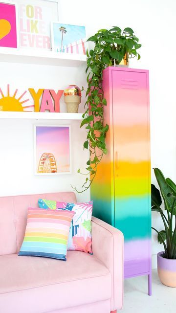 Rainbow Dresser, Rainbow Furniture, Rainbow Shelf, Colorful Dresser, Animal Print Background, Gold Spray Paint, Kids Board, Painted Dresser, Tropical Houses