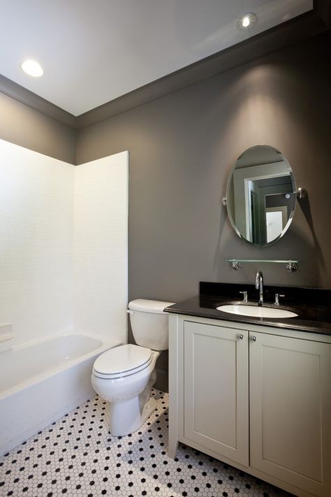 Coventry Gray, Taupe Walls, Bathroom Paint, Eclectic Bathroom, White Tile Floor, Bathroom Color Schemes, Modern Sink, Perfect Paint Color, Floor Tile Design