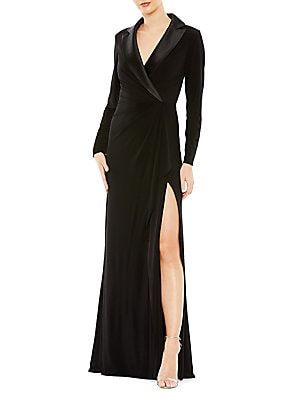 Tuxedo Gown, Full Length Skirts, Long Sleeve Evening Dresses, Long Sleeve Gown, Tuxedo Dress, Floor Length Gown, Mac Duggal, Gowns Of Elegance, Fabric Details