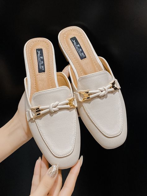 Knot Decor Square Toe Flat Mules Half Slippers, Outer Women, White Ash, Fashion Slippers, Outer Wear, Elegant Shoes, Shoe Print, Outdoor Wear, Women's Summer Fashion