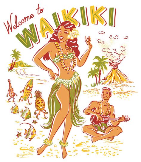 Welcome To Waikiki, Custom Paper Dolls, Transport Illustration, Scifi Illustration, Vehicle Illustration, Tiki Bars, Tiki Bar Decor, Tiki Lounge, Mermaid Fabric