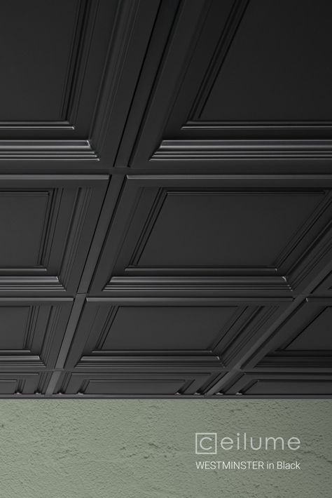 Ceilume's Westminster Ceiling tiles will turn your standard drop ceiling grid into a exquisite coffered ceiling. Coffered ceilings give the illusion of spaciousness and add subtle architectural detail to a room. For your less than full sized border sections our best selling Stratford tile pairs beautifully with the Westminster. For more design inspiration search #westminsterceilingtiles #ceilingdesign #ceilingtiles #basementceilings #decorativeceilingtiles #cofferedceilings Modern Ceiling Tiles Ideas, Coffered Drop Ceiling Basement, Dark Painted Ceiling Ideas, Ceiling Grid Design, Acoustic Tile Ceiling Makeover, Panelled Ceiling Ideas, Black Coffered Ceiling, Modern Ceiling Tile, Panelled Ceiling