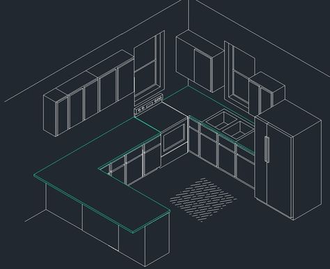 Isometric Kitchen in AutoCAD by Ashley Hull, via Behance L Shaped Kitchen With Peninsula, Kitchen With Seating, Isometric Kitchen, L Shape Kitchen Design, Kitchen With Peninsula, Kitchen Drawing, Interior Design Student, Architecture Engineering, Isometric Drawing