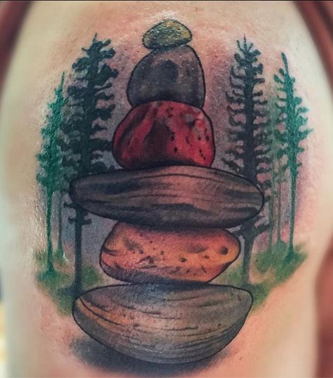 Stacking rocks tattoo by artist Em Becker #tattoo #tattooart #tattooartist #inkart #art #bodyart #tattoos #tattooinspiration #tattooideas Rock Tattoo Nature, Cairn Tattoo, Rocks Tattoo, Rock Stacking, Stacking Rocks, Tattoo Nature, Rock Tattoo, Balanced Rock, City Tattoo