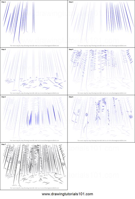 How to Draw a Forest printable step by step drawing sheet : DrawingTutorials101.com Forest Background Drawing Tutorial, Beginning Sketching Step By Step, How To Draw Forest Background, How To Draw Forest, Forest Drawing Pencil, Forest Sketch Simple, How To Draw A Forest, How To Draw Backgrounds, Forest Landscape Drawing