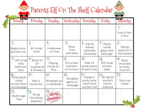 Elf on the Shelf Ideas & Parents Printable Calendar 2018 #ElfOnTheShelf Elf Calendar Of Ideas, Elf On The Shelf Calendar Of Ideas, Elf On The Shelf Star Wars Printable, Elf On The Shelf Brings Advent Calendar, Elf On The Shelf Calendar 2022, Nativity Advent Calendar, Funny Lists, Promotional Calendar, College School Supplies