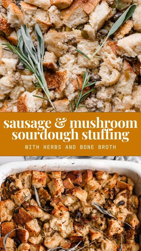 Sourdough stuffing is the most delicious Thanksgiving side dish. Made from scratch with sourdough bread, portobello mushrooms, pork sausage, and sage, this sourdough sausage stuffing will impress your dinner guests! #sourdough #stuffing #thanksgiving #sides Sourdough Stuffing Thanksgiving, Sourdough Boule Recipe, Sourdough Bun Recipe, Sourdough Stuffing, Stuffing Thanksgiving, Sausage Stuffing, Tasty Bread Recipe, Thanksgiving Side Dish, Stuffing Casserole