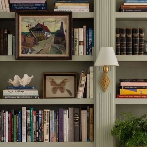 Lauren E. Lowe on Instagram: "Libraries that are dining rooms. This @farrowandball paint color was one of the first decisions we made for this dining room, after designing custom neoclassical bookshelves. ⠀⠀⠀⠀⠀⠀⠀⠀⠀ Our Winnetka, IL project will be featured in Winnetka Tour of Homes this Friday 5/17 and will have more exciting news to share about this project very soon." Library Room Bookshelves, Library Painted Bookshelves, Dinning Room Library Bookshelves, Painting Back Of Bookshelves, Formal Dining Room To Library, Paper And Paint Library, Dining Room Library, Room Bookshelf, Room Library