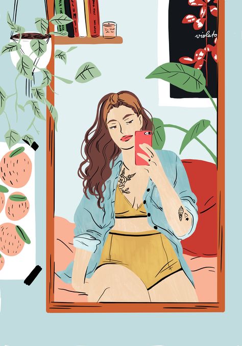 Enyou draws Mirror Selfie Drawing, Illustration Mirror, Selfie Drawing, Family Drawing, Love My Body, Portrait Illustration, Digital Portrait, Sketch Book, Art Drawings