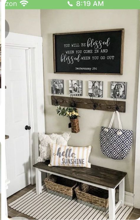 Farmhouse Wall Pictures, Hallway Bench Ideas Entryway Farmhouse, Rental Front Porch Decorating, Dining And Living Room Wall Decor, Bedroom Ottoman Decor Ideas, Entry Bench Ideas Small Spaces, Master Room Furniture Ideas, Large Mirror In Small Living Room, Family Picture Wall Simple