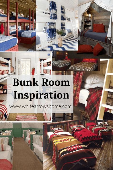 Bunk Room Inspiration Round Up of Ideas Bunkbed Decor, Bunkhouse Ideas Guest Cabin, Large Kids Bedroom, Cabin Bunk Room, Lake House Bunk Rooms, Bunk Bed Decor, Bunkie Ideas, Frog Ideas, Bunk Room Ideas