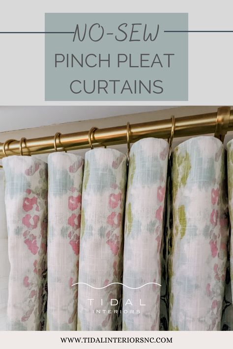 Photo of curtains hanging from gold curtain rod with a banner that says "no-sew pinch pleat curtains". Sew Pinch Pleat Curtains, Diy Curtain Rings, Curtains Hack, Pinch Pleat Curtains Diy, Boho Homes, Curtains Without Sewing, Diy Drapes, Curtain Tutorial, Pinch Pleat Drape