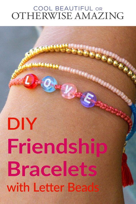 Step-by-step tutorial showing how to make an easy friendship bracelet with letter beads. Write names or words in your bracelets. How To Make Beaded Word Bracelets, String Bracelet With Letter Beads, Friendship Bracelets Letter Beads, Friendship Bracelet With Beads Diy, Braided Friendship Bracelets With Beads, Embroidery Floss Bracelets With Beads, Taylor Swift Friendship Bracelet Tutorial, Friendship Bracelets With Beads Words, Friendship Bracelet With Letter Beads