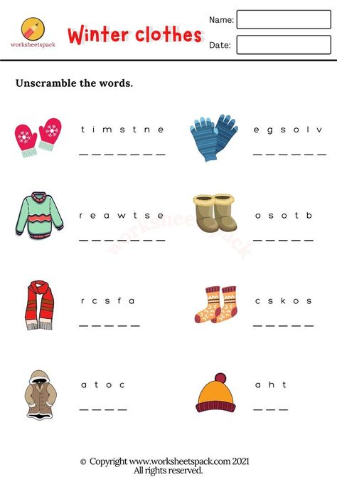 Free ESL printable worksheets pack. Clothes Worksheets For Kids Activities, Winter Clothes Activities, Winter Season Clothes, Evs Worksheet For Class 1 Clothes, Winter Clothes Worksheets For Kids, Winter Clothing Worksheet, Season Worksheet, Esl Clothes Worksheet, Esl Clothes