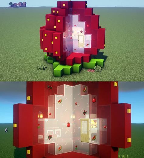 12k Likes, 43 Comments - Best of Minecraft (@bestofminecraftxx) on Instagram: “"1/4 cut out strawberry house" Created by: u/xxcutebuildxx . . . . #Minecraft #MinecraftFanPage…” Cute Minecraft Builds, Things To Build In Minecraft, Strawberry House, Construction Minecraft, Build In Minecraft, Rumah Minecraft Sederhana, Minecraft Interior Design, Bangunan Minecraft, Minecraft House Plans