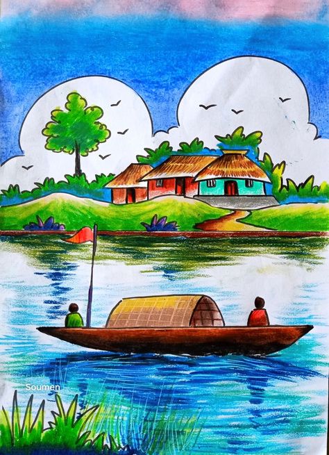 Natural Scenary Drawings, Village Drawing Watercolor, Village Drawing Landscapes Watercolor, সিনারি Drawing, Senary Drawing Kids, Drownings Easy Nature, Kids Scenery Drawing, Abel Drawing, Nature Pictures Drawing Easy