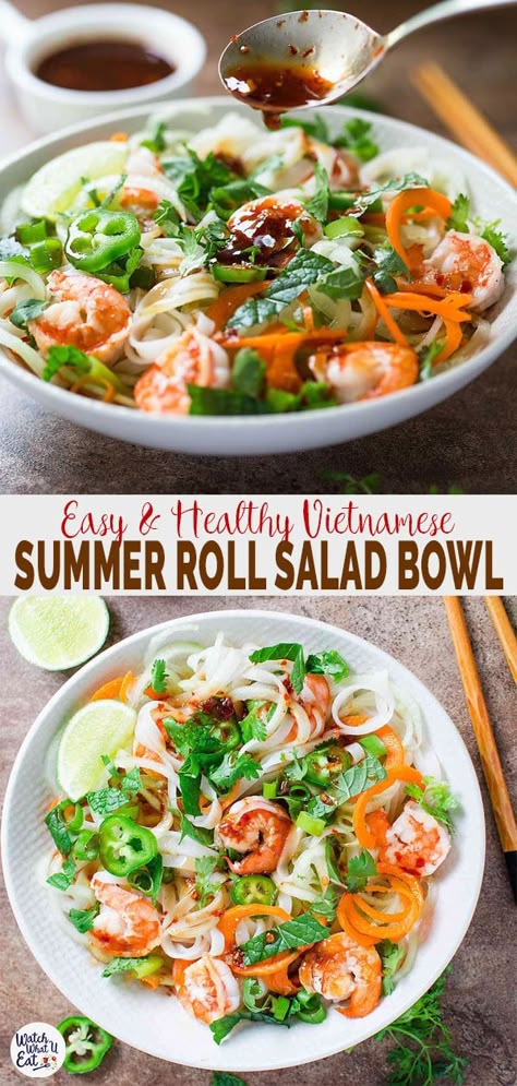 This Vietnamese Healthy Summer Roll Salad Bowl is a perfect alternative to wrapping shrimp summer rolls in rice paper wraps. | #watchwhatueat #Vietnamese #summerroll #shrimproll #healthyrecipe Summer Roll Salad, Shrimp Summer Rolls, Vietnamese Summer Rolls, Rice Paper Wraps, Summer Roll, Healthy Food Alternatives, Healthy Bowls, Summer Rolls, Asian Cooking