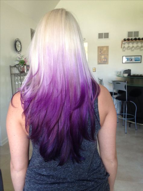 Purple Ombré with Blond, dramatic transition Blonde Pink Purple Ombre Hair, Blonde Hair With Purple Ends, Blonde To Purple Ombre, Hair Highlights Purple, Blonde With Purple, Trendy Hair Highlights, Blonde Hair With Purple Tips, Hair Highlights Blonde, Highlights Purple