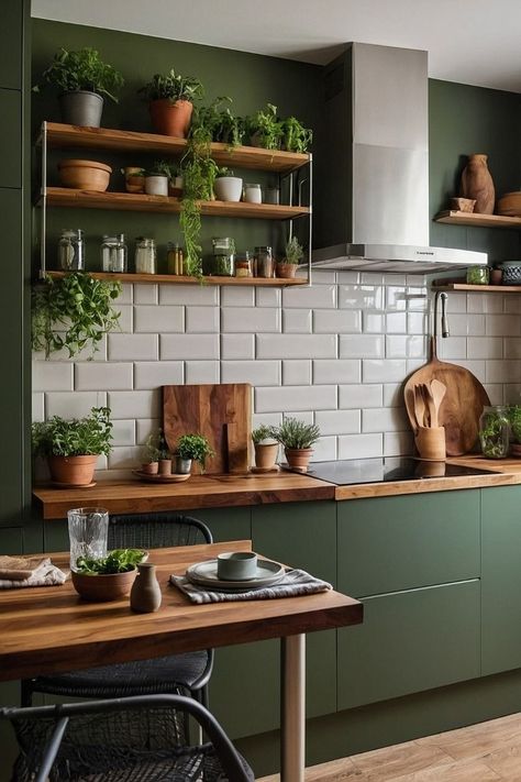 Olive Green Kitchen Cabinets Wood Counter, Kitchen With Olive Green Cabinets, Small Green Kitchen Cabinets, Japandi Kitchen Design Green, Earthy Green Cabinets, Olive Green Kitchen Decor, Kitchen Ideas Olive Green, Moodboard Olive Green, Kitchen Earthy Tones