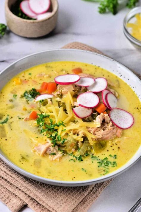 Creamy poblano soup on the stove or pressure cooker turns out delicious! Low carb leftover chicken soup recipe made mild or spicy. Leftover Chicken Soup, Chicken Poblano Soup, Paleo Stew, Soup On The Stove, Pressure Cooker Recipes Chicken, Poblano Soup, Poblano Peppers Recipes, Flexitarian Recipes, Poblano Pepper