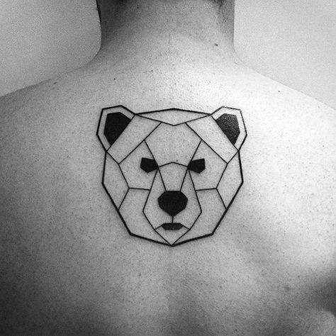 Small Simple Mens Geometric Bear Upper Back Tattoo                                                                                                                                                                                 More Geometric Bear Tattoo, Small Wave Tattoo, Bear Tattoo Designs, Upper Back Tattoos, Geometric Bear, Bear Tattoos, Simple Tattoo Designs, Geometric Tattoo Design, Back Tattoos For Guys