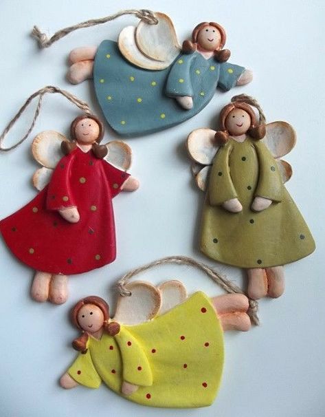 Polymer Clay Angel, Pottery Angels, Clay Christmas Decorations, Ceramic Christmas Decorations, Pottery Ornaments, Polymer Clay Ornaments, Clay Fairies, Ceramic Angels, Christmas Clay