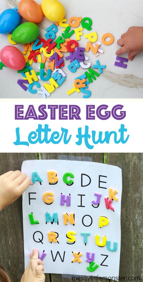 Easter egg letter hunt for kids. A fun Easter activity with alphabet printable. Letter Hunt, Preschool Easter, Easter Activity, Easter Preschool, Easter Activities For Kids, Spring Preschool, Easter Theme, Toddler Easter, Letters Of The Alphabet