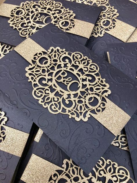 Laser cut Wedding Invitation Navy and Silver Wedding | Etsy Navy And Silver Wedding Invitations, Navy And Silver Wedding, Country Bridal Shower Invitations, Silver Wedding Invitation, Cricut Invitations, Embossed Invitations, Marriage Card, Temari Patterns, Country Bridal Shower