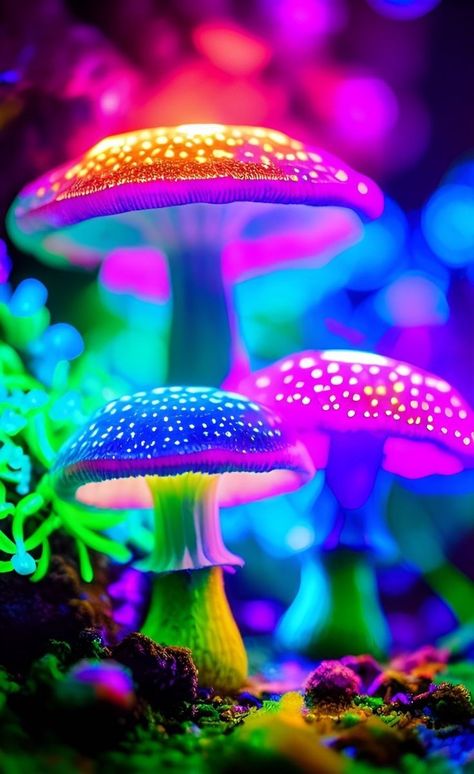 Bioluminescence Aesthetic, Mushroom Wallpapers, Mushroom Aesthetic, Fantasy Mushroom, Neon Tattoo, Female Body Paintings, Fungi Art, Optical Illusion Wallpaper, Mushroom Wallpaper