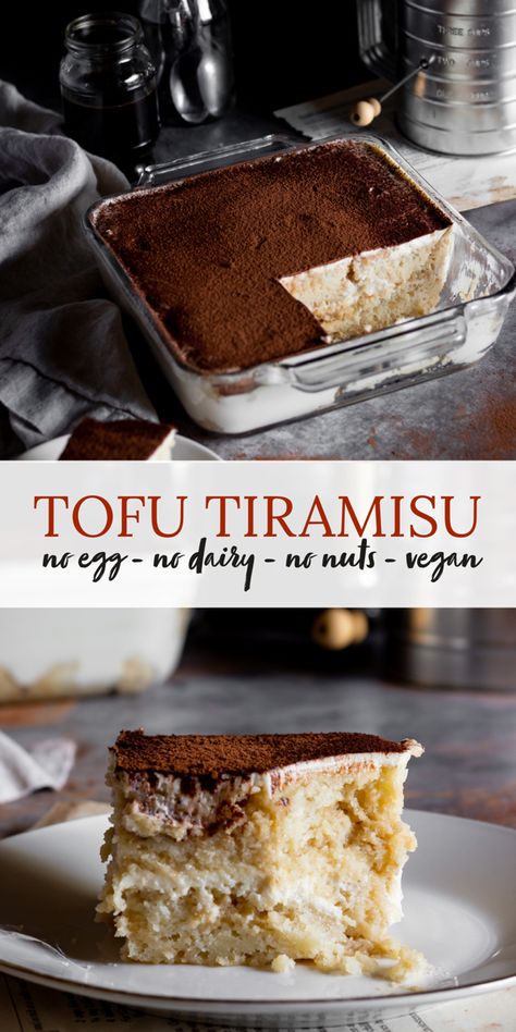 fluffy tofu tiramisu served on a plate and in a casserole Non Dairy Tiramisu, Silken Tofu Tiramisu, Tofu Tiramisu Recipe, Tofu Recipes Sweet, Dairy Free Tiramisu Recipe, Vegan Coffee Dessert, Tofu Dessert Recipes Vegan, Tofu Sweet Recipes, Firm Tofu Dessert Recipes