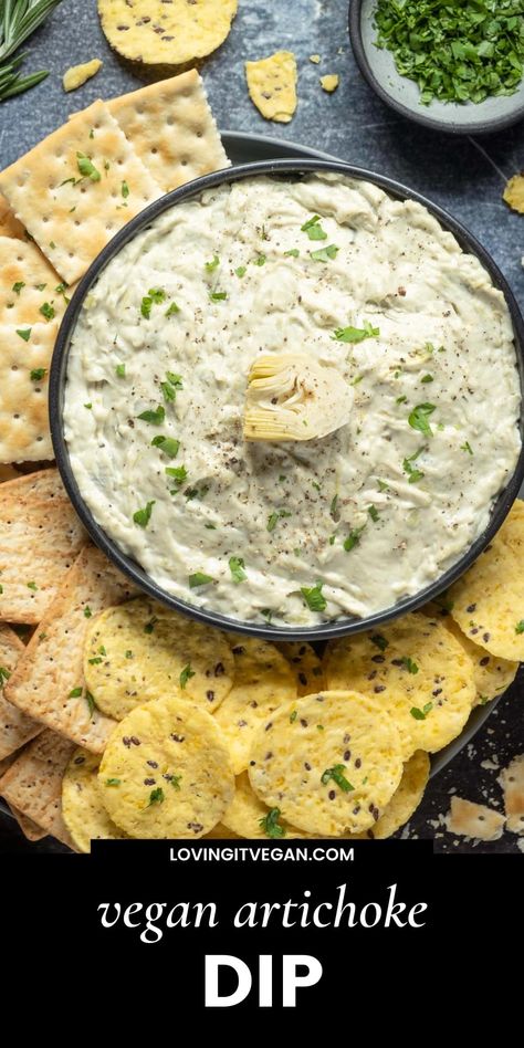 This creamy vegan artichoke dip makes the perfect party dip! It's tangy, cheesy, loaded with flavor and quick and easy to make. | lovingitvegan.com Good Vegan Recipes, Vegan Artichoke Dip, Vegan Artichoke, Vegan Appetizers Recipes, Vegan Spread, Vegan Party Food, Vegan Dinner Recipes Easy, Vegan Baking Recipes, Party Dip