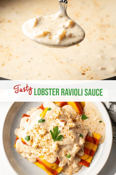 Best Sauce for Lobster Ravioli - Rich, creamy and decadent lobster sauce pairs perfectly with tender (fresh or frozen!) ravioli. Lobster Ravioli Sauces is an easy yet elegant recipe for romantic meals or dinner parties! | A Spicy Perspective Ravioli Sauces, Ravioli Lobster, Lobster Sauce Recipe, Sauce For Lobster Ravioli, Sauce For Lobster, Seafood Ravioli, Ravioli Sauce Recipe, Lobster Ravioli Sauce, Ravioli Recipes