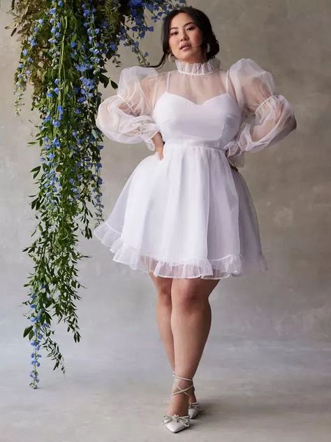 Plus Size Bride Reception Dress, Vegas Plus Size Wedding Dress, Wedding Reception Dress Plus Size, Plus Size Courthouse Wedding Dress, Plus Size Engagement Outfits, Plus Size Bridal Shower Outfit, Fantasy Sewing, Plus Size Wedding Dress Short, Fat Bride